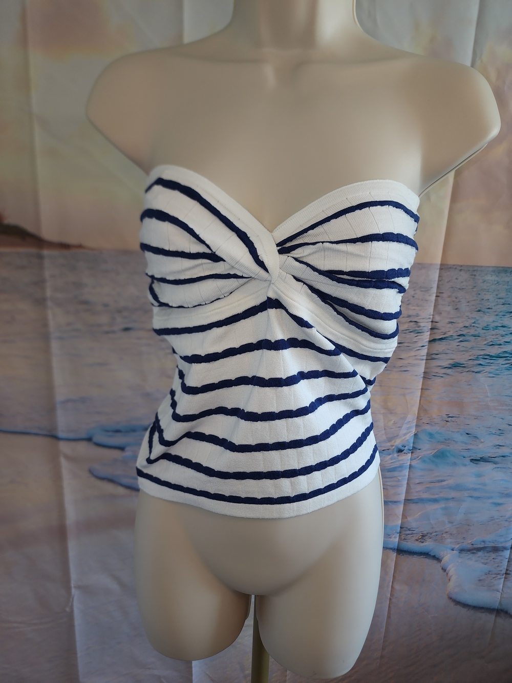 Zenana Women’s Strapless Twist-Front Swim Top in White & Navy Stripes